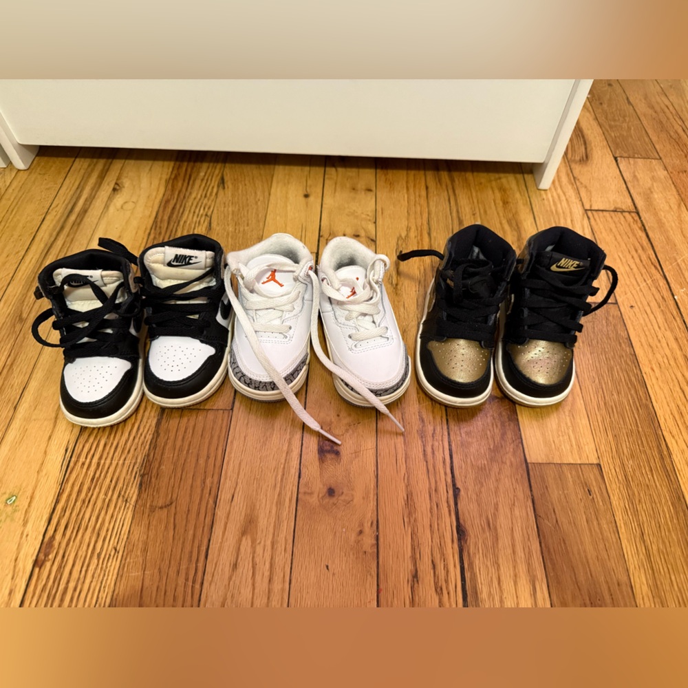 Toddler Kids Jordan ' Black, White, and Gold Sneakers 4C & 5C